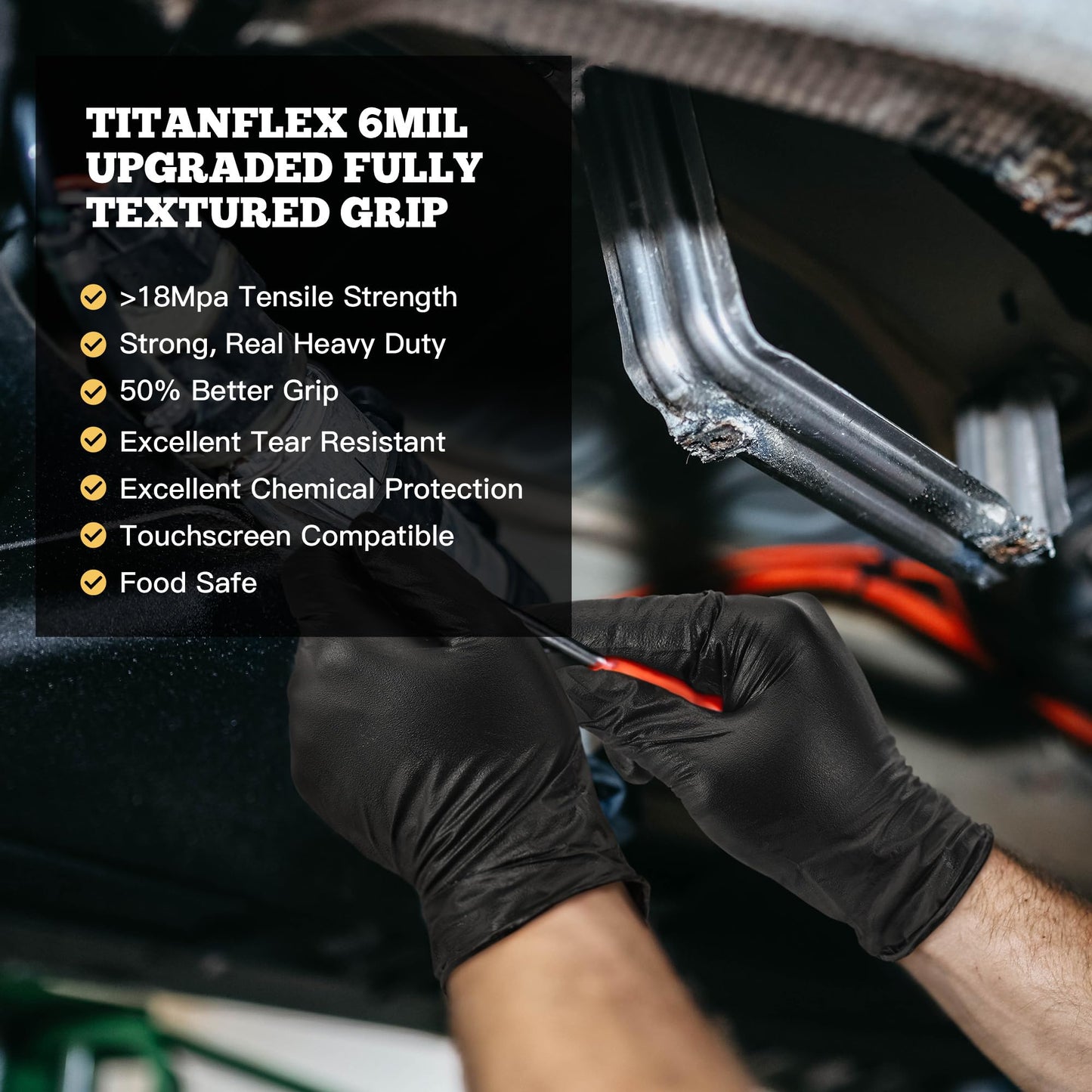 TitanFlex Heavy-Duty Black Disposable Nitrile Gloves, Box of 100, 6-mil, Fully Textured, Powder-Free, Latex-Free, Non-Sterile