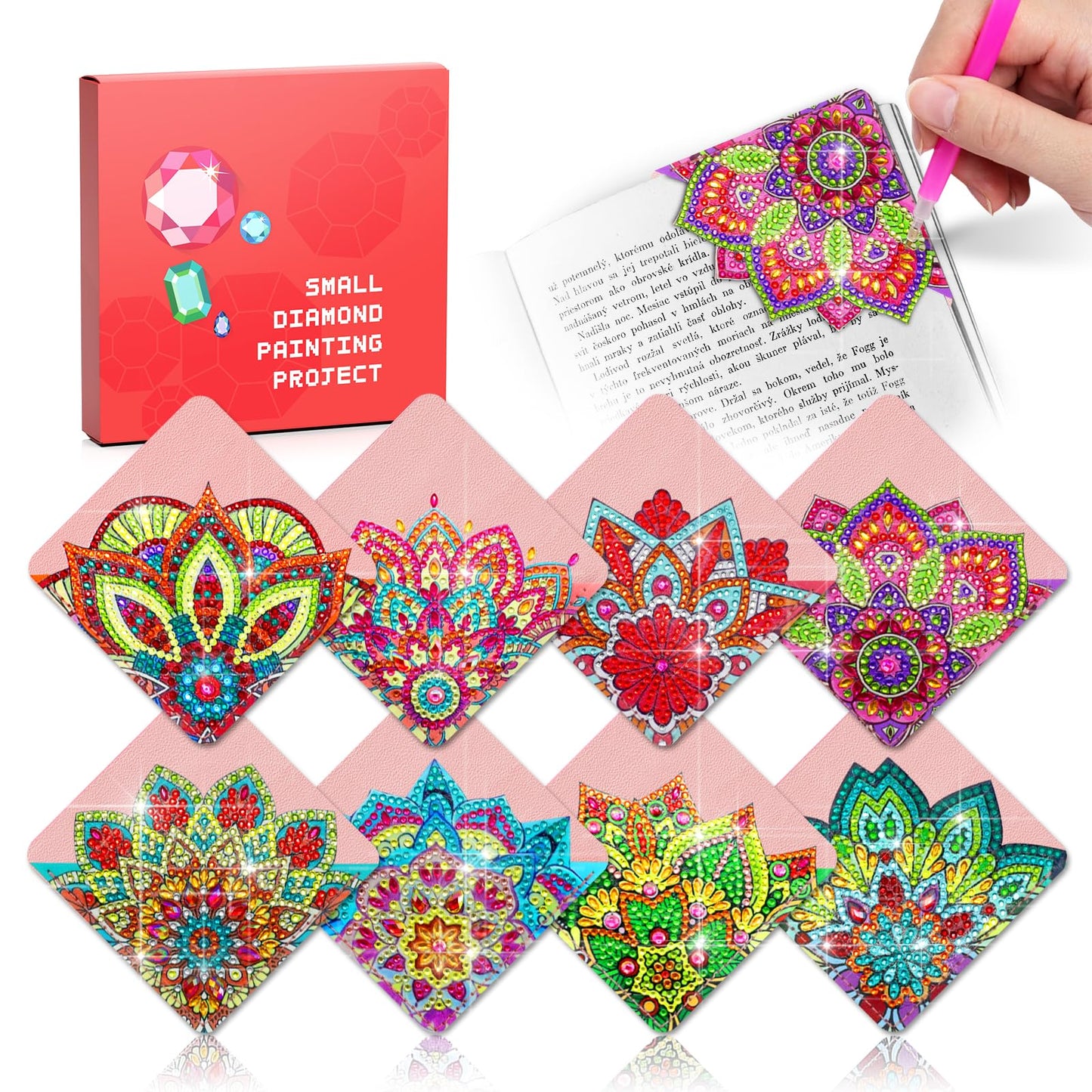8 PCs Diamond Art Corner Bookmarks Leather Dimond Painting Book Mark Kit for Adults Paint by Dots Bookmarkers Craft DIY Gem Small Dotz Gifts for Women Mandala Flower Pink Lotus