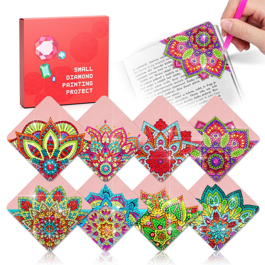 8 PCs Diamond Art Corner Bookmarks Leather Dimond Painting Book Mark Kit for Adults Paint by Dots Bookmarkers Craft DIY Gem Small Dotz Gifts for Women Mandala Flower Pink Lotus