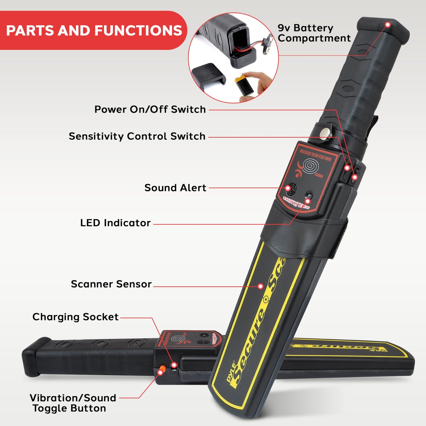 Pyle Handheld Metal Detector Security Wand - Portable Battery Operated Super Security Scanner w/ Adjustable Sensitivity, Sound Vibration Alerts, Detects Weapons, Knives and Other Metal Objects