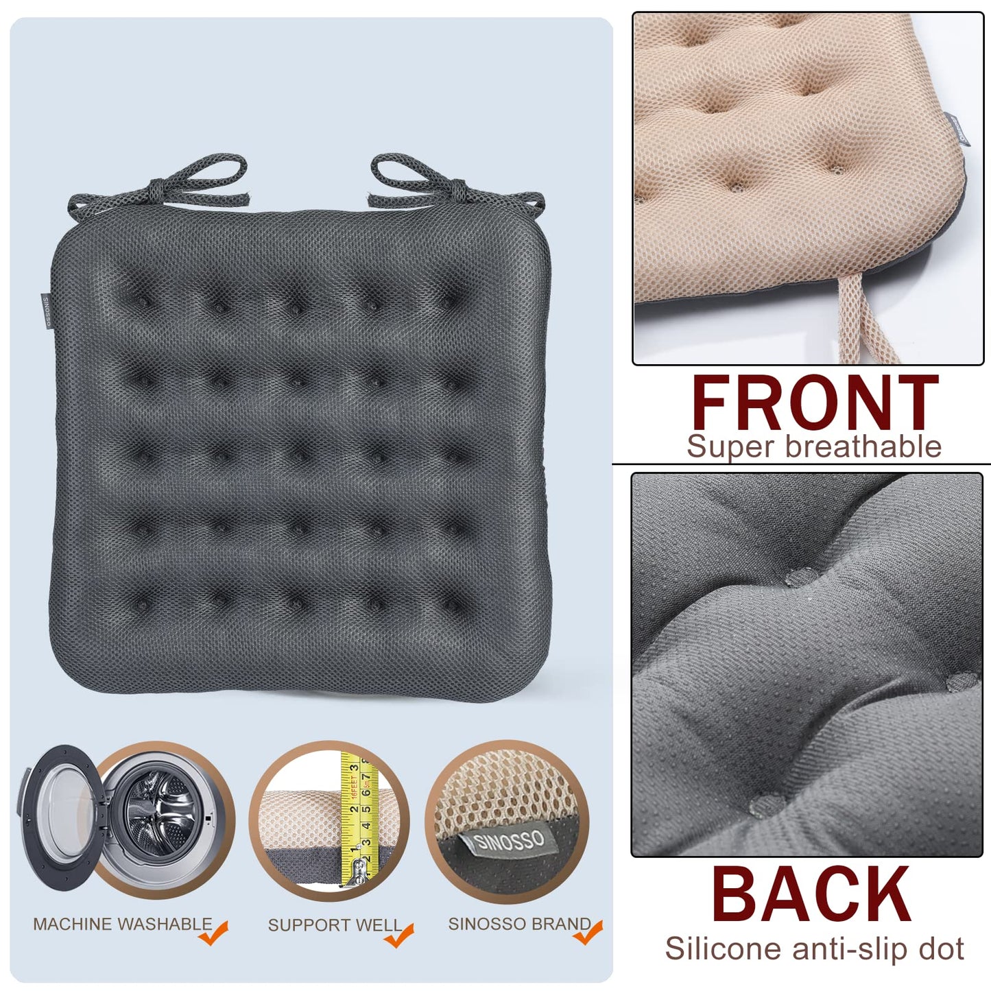 SINOSSO Excellent Support Effect Office Chair Cushion 1 Pack, Luxury Air Mesh Breathable Non-Slip Desk Computer Seat Cushion, Kitchen Dining Room Square Chair Pad (1 Count, Grey)