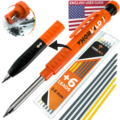 THORVALD New 2-in-1 Carpenter Pencils with Finger Grip for Carpenter (Incl. 7 Leads + Sharpener) Solid Mechanical Pencils with Fine Point/Best Marking tools Construction/Carpenters/Scriber