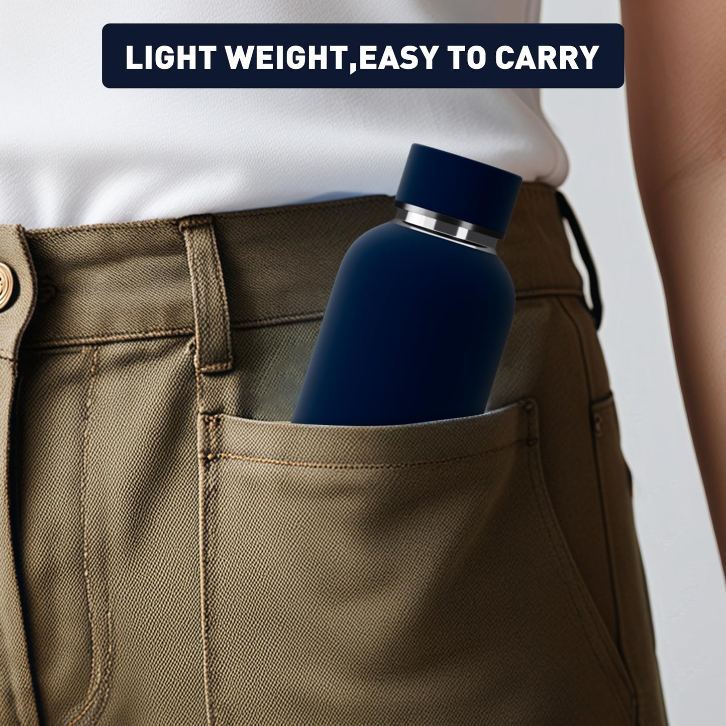 Exllena Small Water Bottle 12oz with Clip, Double Wall Stainless Steel Vacuum Small Insulated Water Bottle Keeps Drinks Cold 24 Hrs/Hot 12 Hrs for Kids Handbag School BPA Free (Navy Blue)