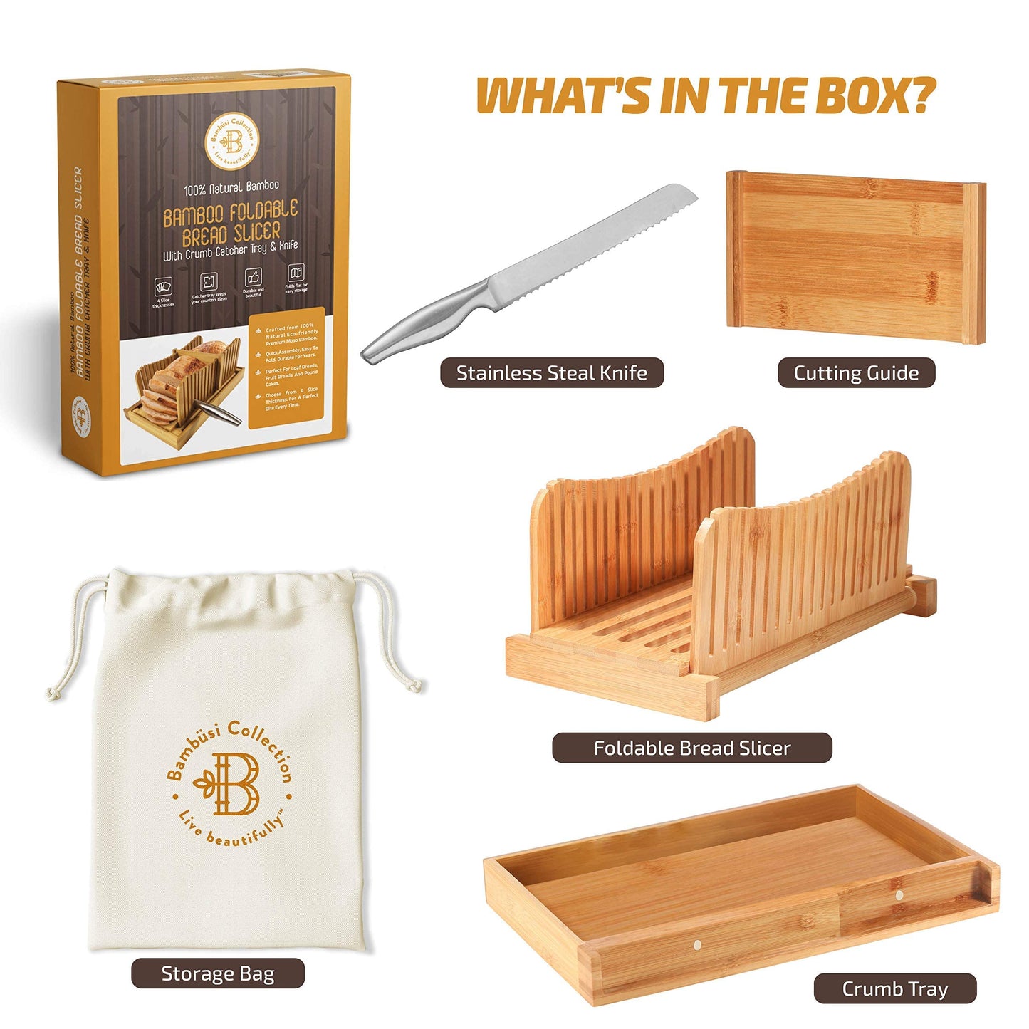 BAMBUSI Bread Slicer for Homemade Bread - Bamboo Bread Cutter with Knife, Foldable Slicing Guide, Crumb Tray - Compact Bread Loaf Slicer for Cakes, Bagels, Loaves - Kitchen Gadget, Baking Tool & Gift