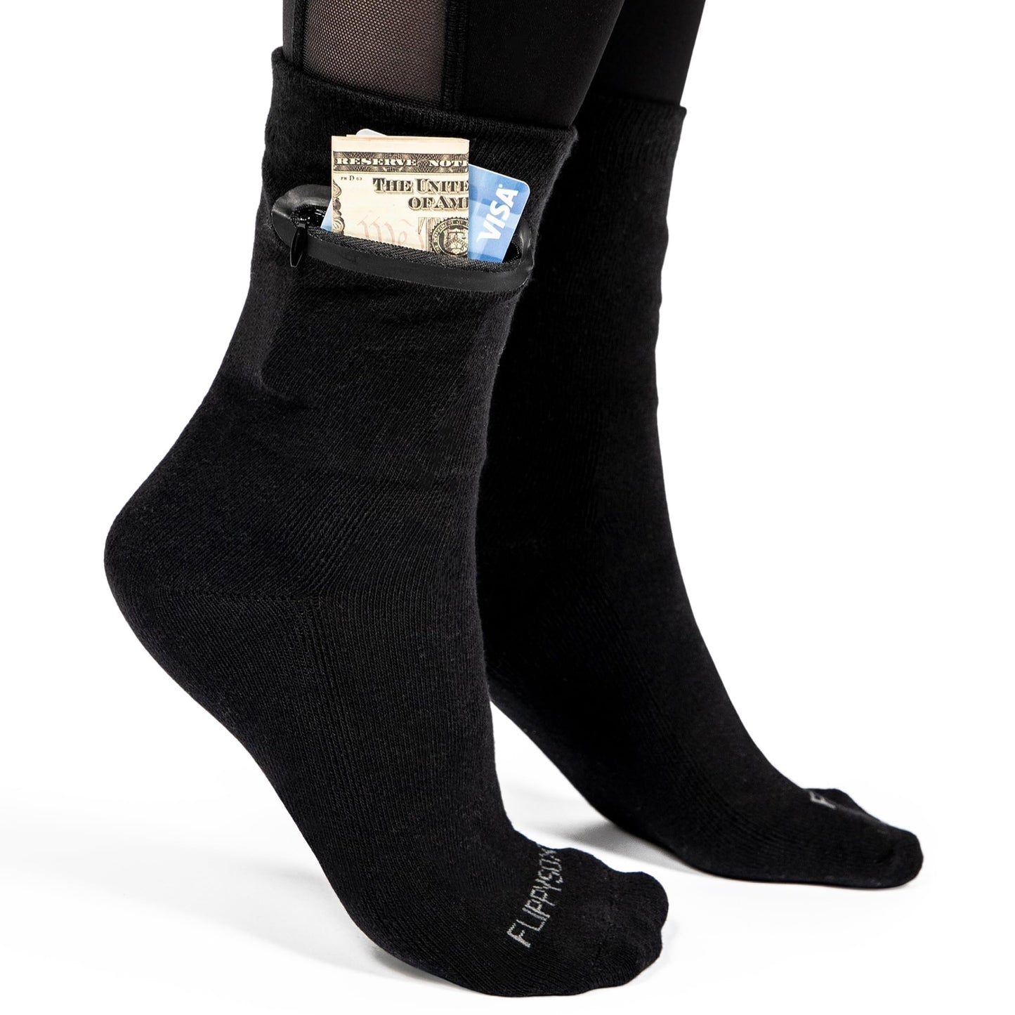Flippysox Zipper Sock Wallet - Cotton & Polyester Zipper Socks with Pockets - Fits shoe size 6-13 (Black)