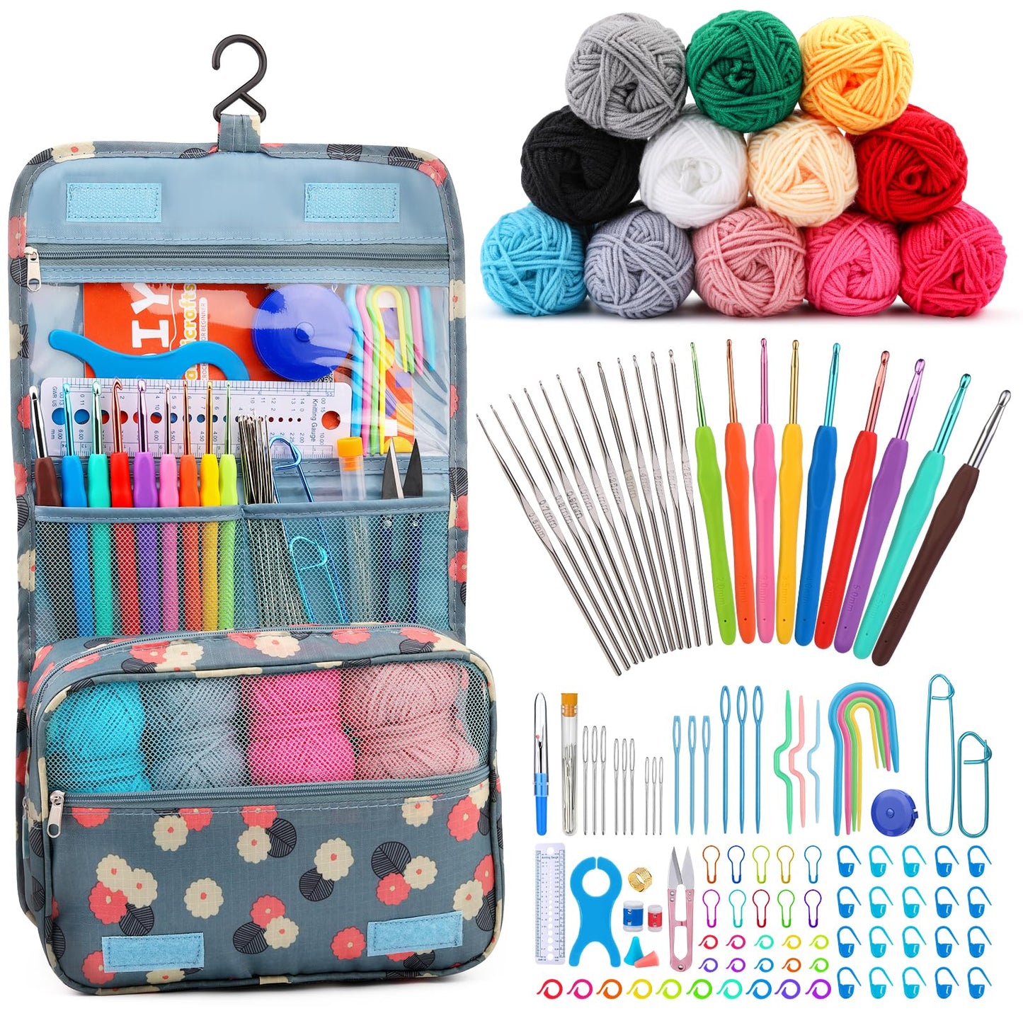 Crochet Kit for Beginners Complete 130 Pieces Starters Knitting Kit with Crochet Yarn, Ergonomic Crochet Hooks and Crochet Accessories in Hangable Storage Bag