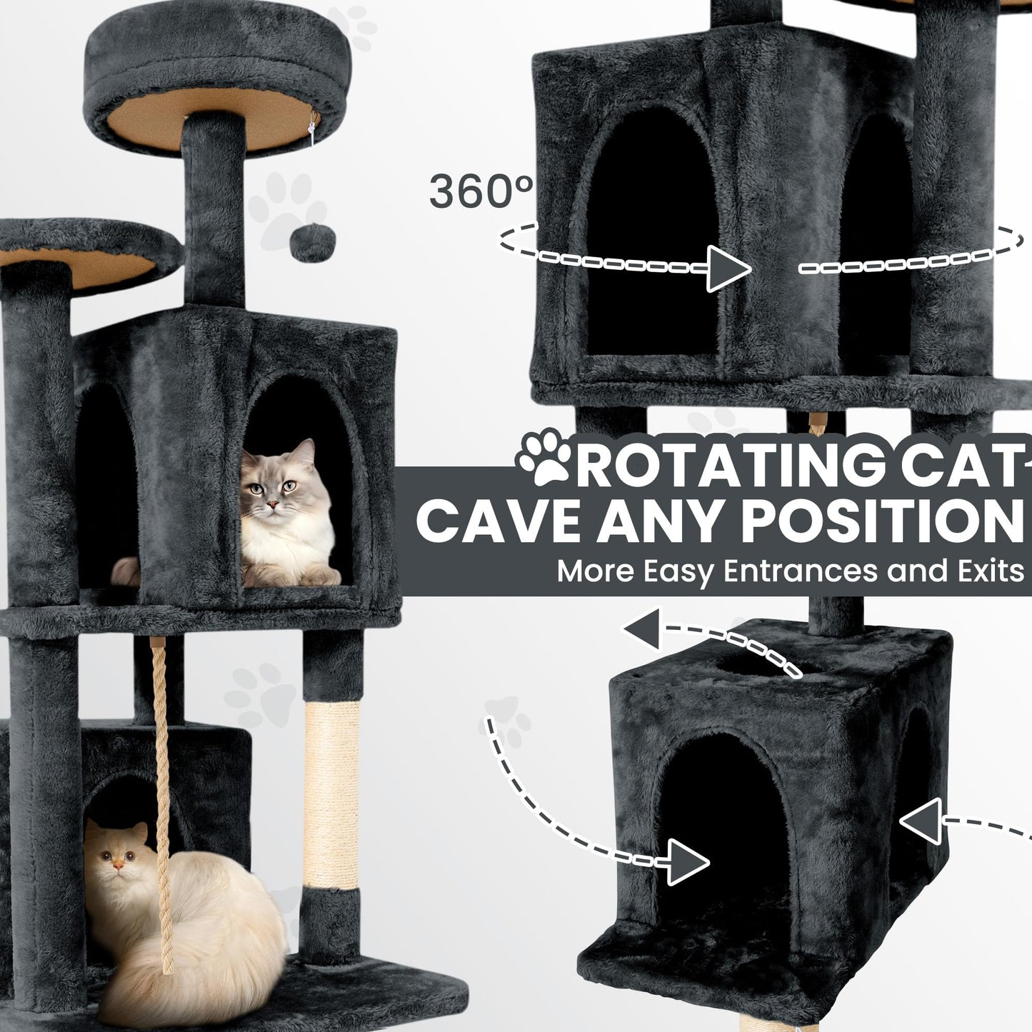 TSCOMON 58.5inch Large Cat Tree Tower Condo for Indoor Cats, Soft Plush Multi-Level Climbing Tree Cat House with 1 360° Rotating Cat Cave, Scratching Post, More Entrance/Exit, Sisal Rope, Grey Black