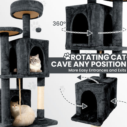 TSCOMON 58.5inch Large Cat Tree Tower Condo for Indoor Cats, Soft Plush Multi-Level Climbing Tree Cat House with 1 360° Rotating Cat Cave, Scratching Post, More Entrance/Exit, Sisal Rope, Grey Black