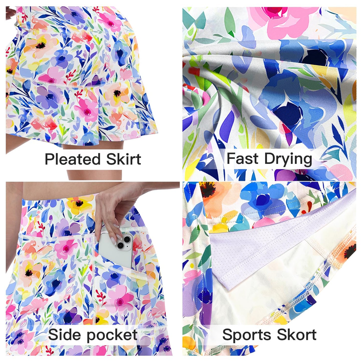 WOWENY Women's Athletic Tennis Skorts Summer Skirts for Women Running Golf Pickleball Skort Active Wear with Pockets(Multicolor Flower,M)