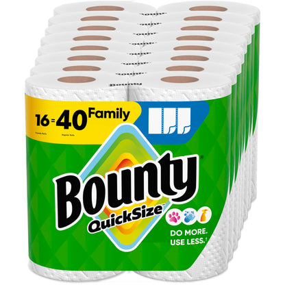 Bounty Paper Towels Quick Size, White, 16 Family Rolls = 40 Regular Rolls