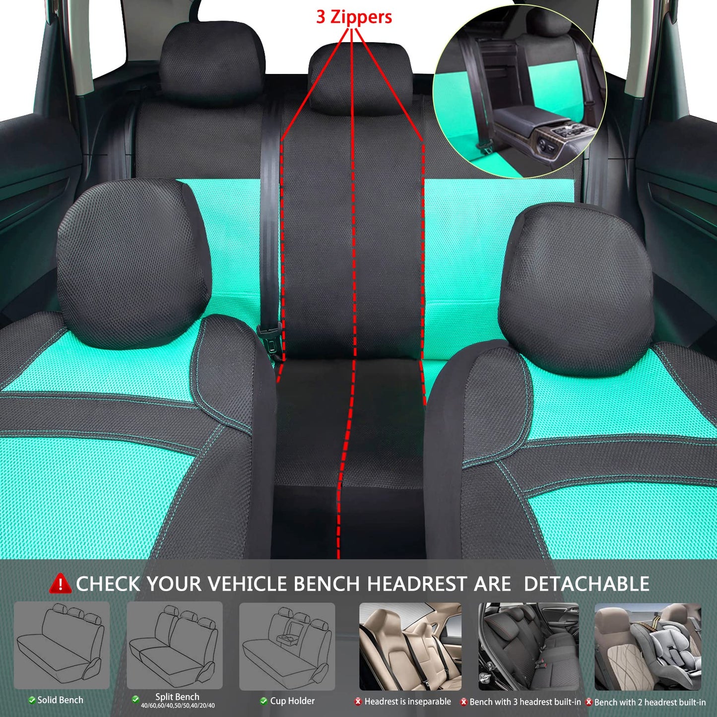CAR PASS 3D Air Mesh-100% Breathable Seat Covers Full Sets, Steering Wheel Cover,Belt Cover, Airbag Compatible for Automotive SUV Truck Black Mint