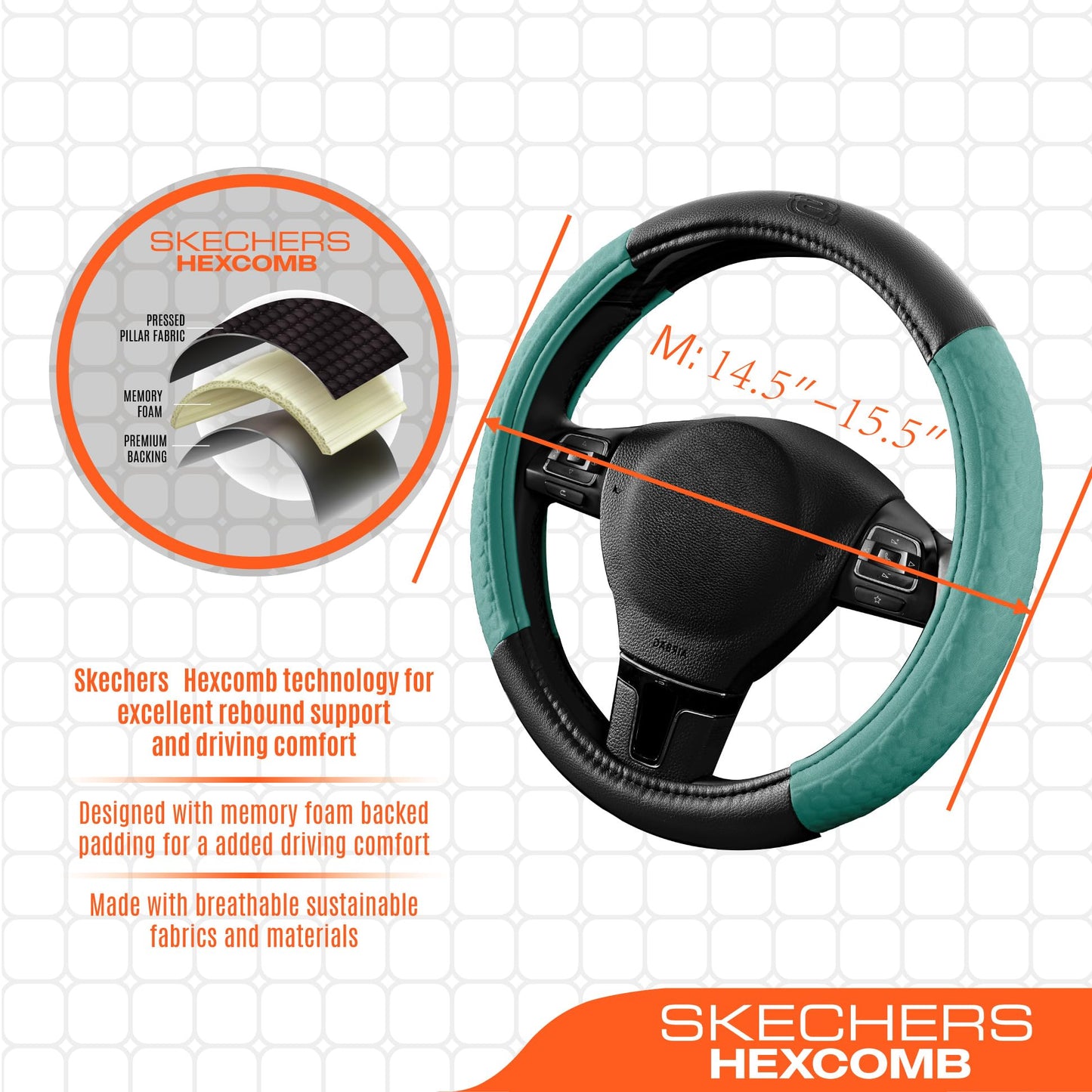 Skechers Steering Wheel Cover,Leather Steering Wheel Cover Hexcomb Design Embedded TPE Steering Wheel Universal Fit 14" 1/2-15" Car Wheel Protector for Men Women Fit Suvs,Vans,Sedans,Car,Trucks,Mint