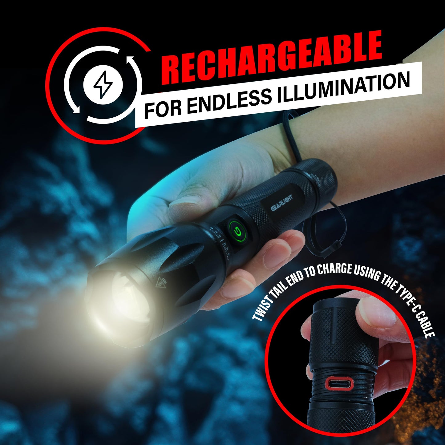 GearLight S1000 LED Tactical Flashlight - High Lumens, USB-C Fast Charging, Dual-Button, IPX4 Water-Resistant, Pocket-Sized for Camping & Emergencies with Batteries - 2 Pack, (Rechargeable)