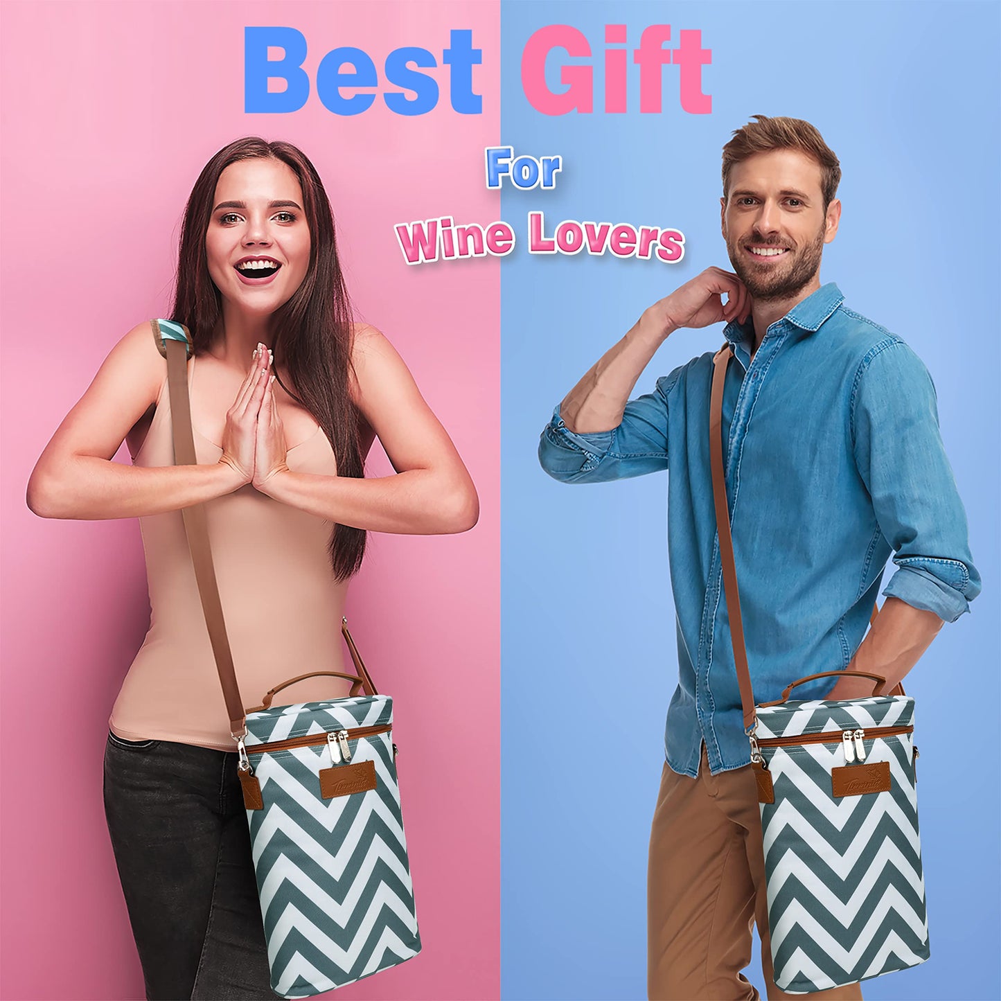 Tirrinia 2 Bottle Wine Gift Tote Carrier - Leakproof & Insulated Padded Versatile Wine Cooler Bag for Travel, BYOB Restaurant, Wine Tasting, Party, Dinner,Gift for Wine Lovers, Grey Wave