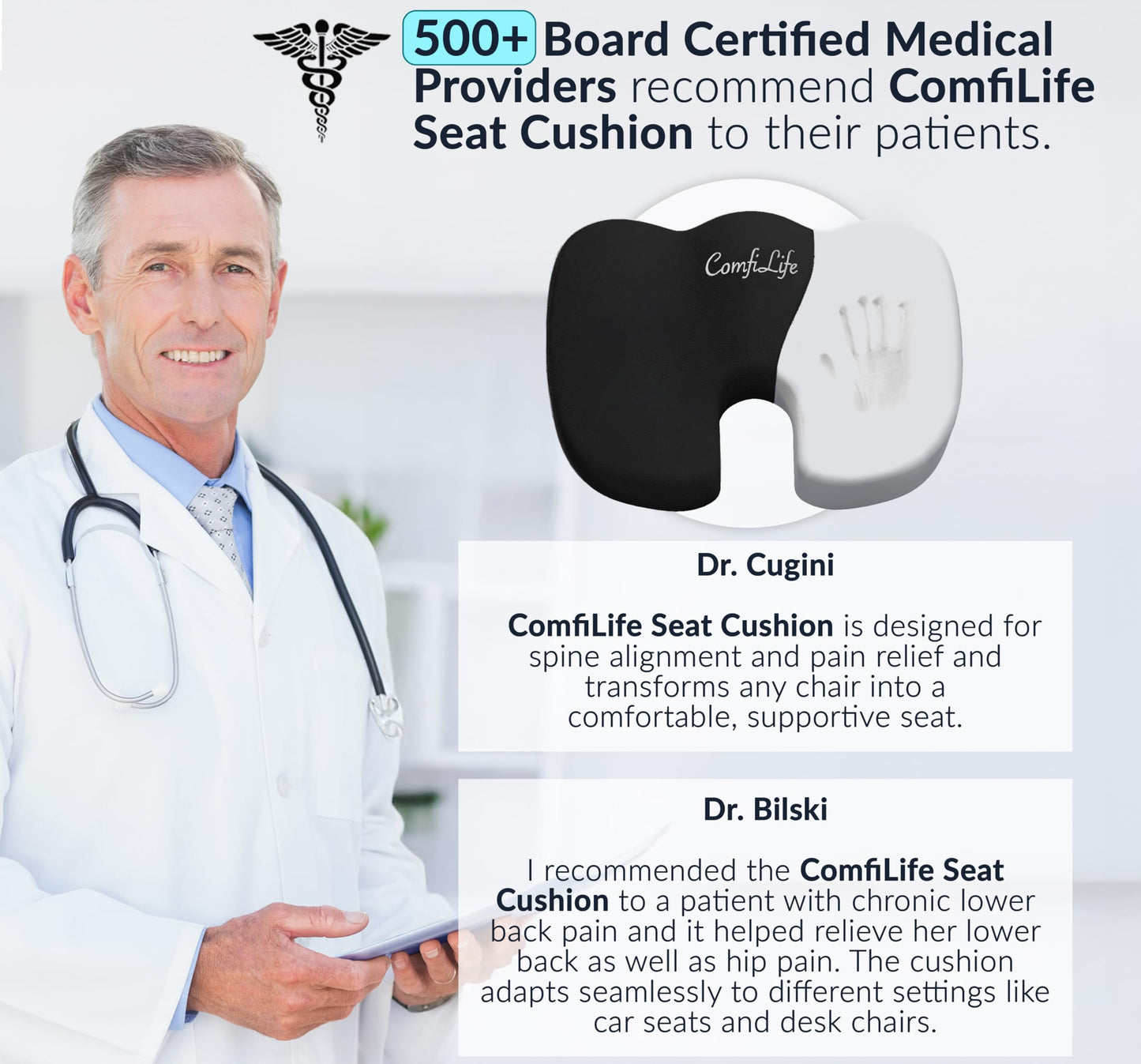 ComfiLife Premium Comfort Seat Cushion - Non-Slip Orthopedic 100% Memory Foam Coccyx Cushion for Tailbone Pain - Cushion for Office Chair Car Seat - Back Pain & Sciatica Relief (Black)