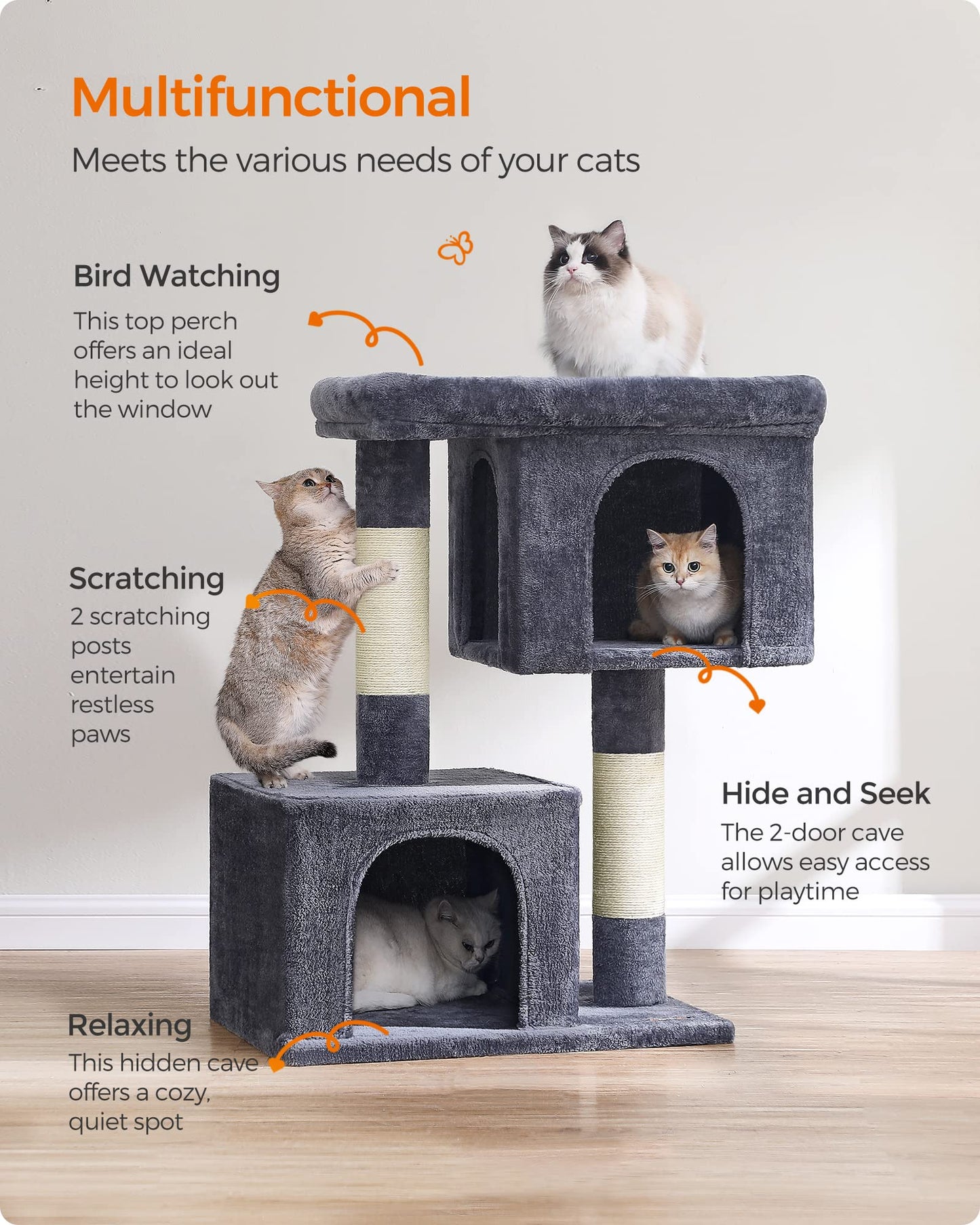 Feandrea Cat Tree, 39.8-Inch Cat Tower, XL, Cat Condo for Extra Large Cats up to 44 lb, Large Cat Perch, 2 Cat Caves, Scratching Post, Smoky Gray UPCT614G01