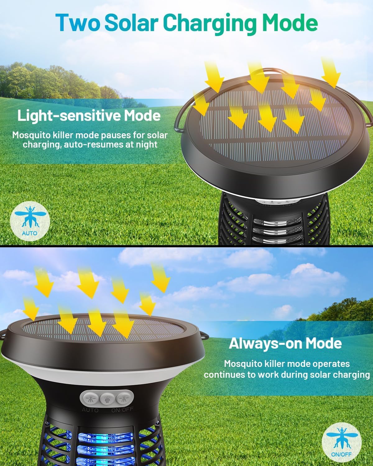 Solar Bug Zapper Outdoor, Mosquito Zapper Solar Powered, Electric Fly Zapper with Camping Lantern, Waterproof Insect Zapper, Cordless Mosquito Killer Lamp for Indoor Outdoor