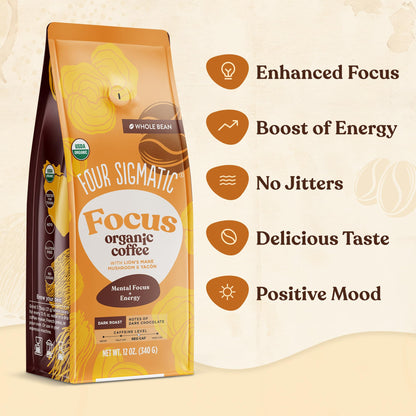 Four Sigmatic Dark Roast Organic Whole Bean Coffee | Gourmet Nootropic Mushroom Coffee Beans with Lion's Mane & Chaga Mushrooms for Enhanced Brain Function and Immune Support | 12oz