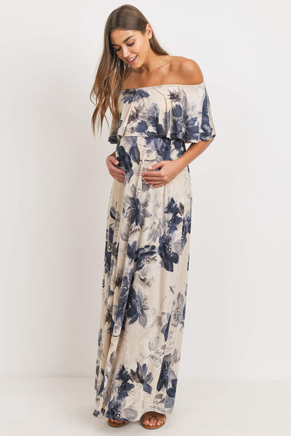 Women's Off Shoulder Ruffle Maxi Maternity Dress (Taupe/Navy Floral, L)