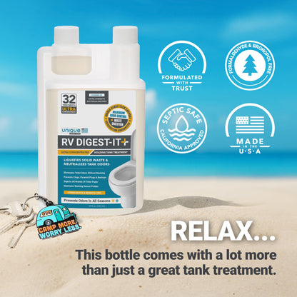 Unique RV Digest-It Ultra - 32 Super Concentrated RV Toilet Treatments - Eliminates Smells and Liquifies Waste, Easy-Measure Extra-Strength Bio-Enzymatic Holding Tank Treatment (32 oz)