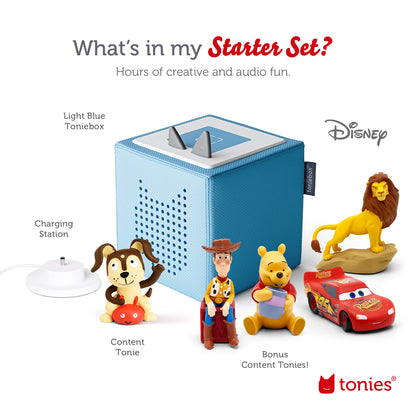 Toniebox Audio Player Disney Starter Set Bundle with Woody, Lightning McQueen, Simba, Winnie-The-Pooh, and Playtime Puppy - Listen, Learn, and Play with One Huggable Little Box - Light Blue