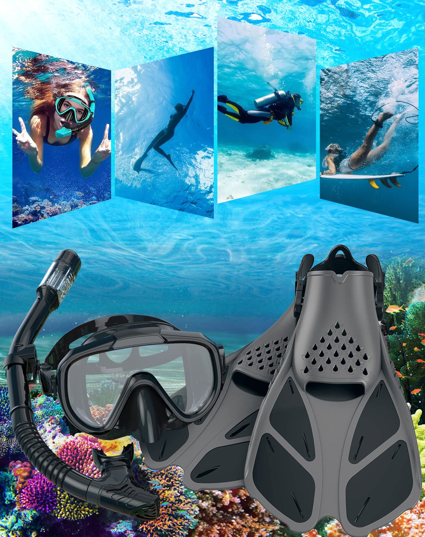 Ubekezele Snorkeling Gear for Adults Men Women,4 in 1 Snorkel Set with Panoramic View Diving Mask Anti-Fog Anti-Leak,Dry Top Snorkel,Fins and Travel Bag for Swimming,Snorkeling and Travel Diving