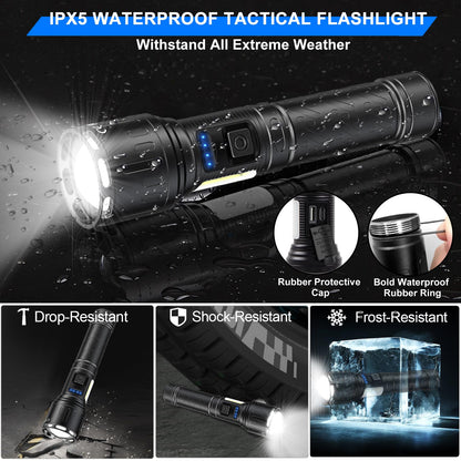 Rechargeable Magnetic Flashlights High Lumens, Super Bright LED Powerful Flashlight 8 Modes with COB Work Light, Waterproof Handheld Flash Light for Camping (2 Pack with Paper Box, Black)