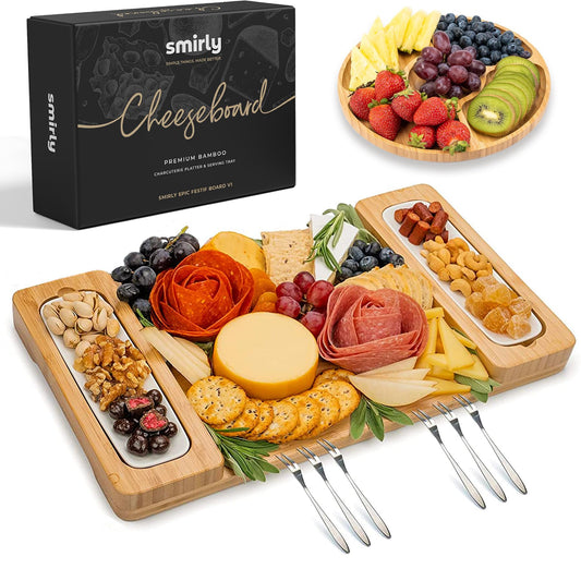 SMIRLY Charcuterie Boards Set - Large Bamboo Cheese Board set - House Warming Gifts New Home, Wedding Gift for Couple, Bridal Shower Gift, Birthday Gifts for Women