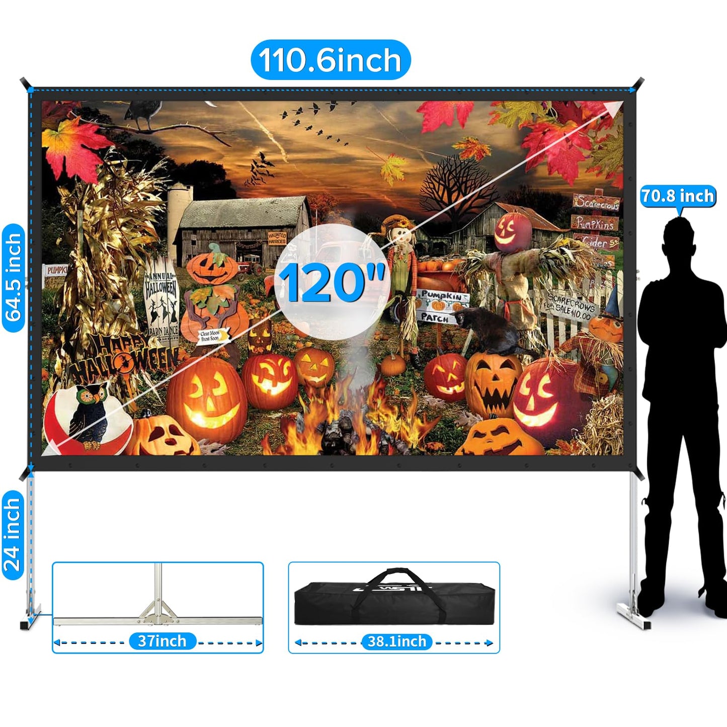 Projector Screen Outdoor,JWSIT 120 inch Outdoor Movie Screen-Upgraded 3 Layers PVC 16:9 Projector Screen,Portable Video Projection Screen with Carrying Bag for Home Theater Backyard