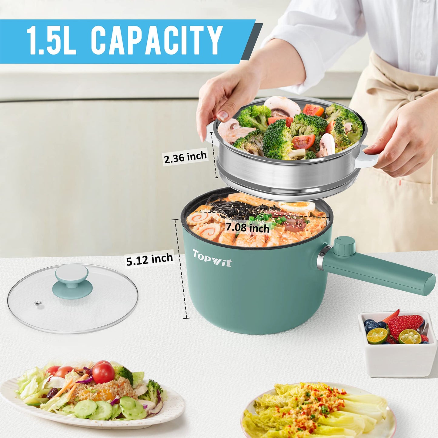 Topwit Hot Pot Electric with Steamer, 1.5L Ramen Cooker, Non-Stick Frying Pan, Electric Pot for Pasta, BPA Free, Electric Cooker with Dual Power Control, Over-Heating & Boil Dry Protection, Green