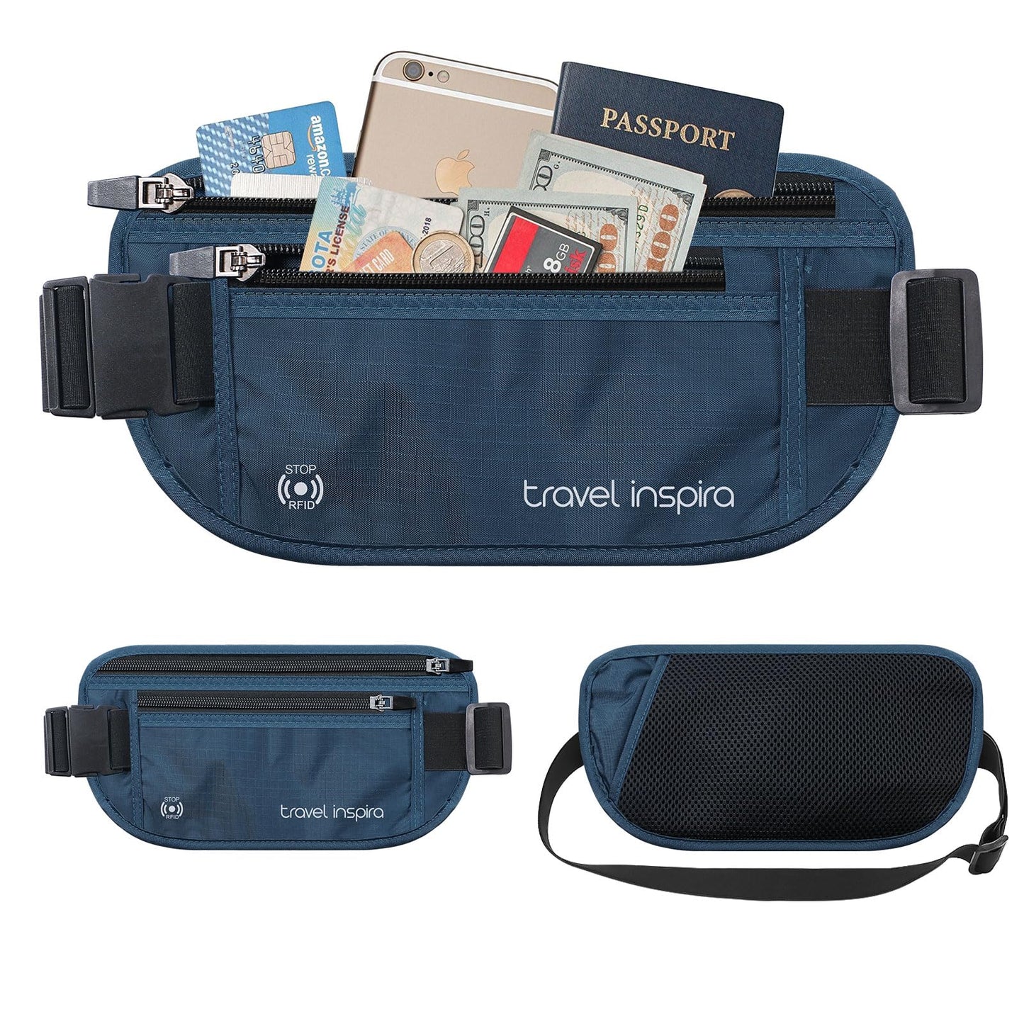 travel inspira Travel Money Belt with Slim Anti-Theft RFID Blocking Passport Holder for Travel Concealed under Clothes for Ultimate Protection of Credit Cards, Cash, Passport & Documents, Navy Blue