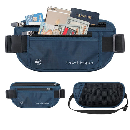 travel inspira Travel Money Belt with Slim Anti-Theft RFID Blocking Passport Holder for Travel Concealed under Clothes for Ultimate Protection of Credit Cards, Cash, Passport & Documents, Navy Blue