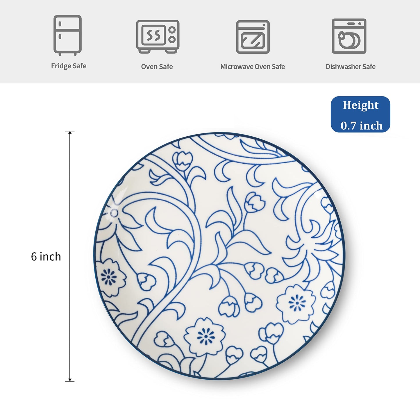 Selamica Ceramic Dessert Plates Set of 6, 6 Inch Appetizer Plates for Kitchen, Microwave & Dishwasher Safe, Vintage Blue