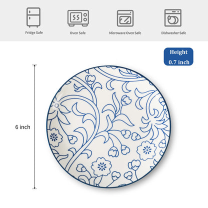 Selamica Ceramic Dessert Plates Set of 6, 6 Inch Appetizer Plates for Kitchen, Microwave & Dishwasher Safe, Vintage Blue