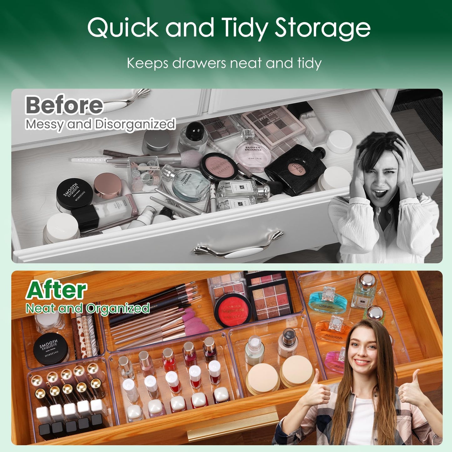 Criusia Drawer Organizer Set, Acrylic Non Slip Non Cracking Kitchen Drawer Storage Tray Large Size Divider, Multifunctional Storage for Cosmetics, Bathroom, Tools, Kitchen and Office (8 PACK)