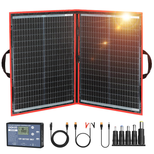 DOKIO 100W Portable Foldable Solar Panel Kit (21x28in, 5.9lb), with Separate Controller and Dual USB, Monocrystalline Charger for 12V Batteries & Power Stations, RV Camping Trailer Emergency Backup