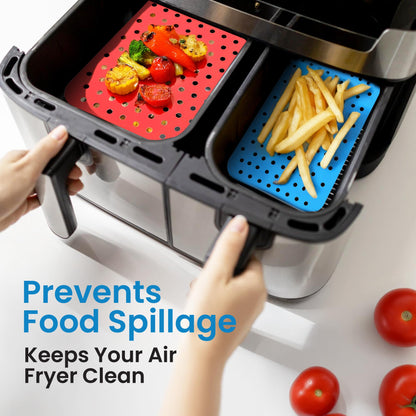 Reusable Air Fryer Liners 4 Pack for Dual Basket Fryers - Rectangle Silicone Airfryer Liners - 5.25 x 8” for Basket - Easy to Clean Air Fryer Accessories - Non-Stick Parchment Paper Replacement