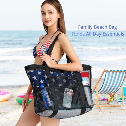 F-color Mesh Beach Bag Family - 2 Pack Beach Tote 9 Pockets Cruise Vacation Essentials, Black