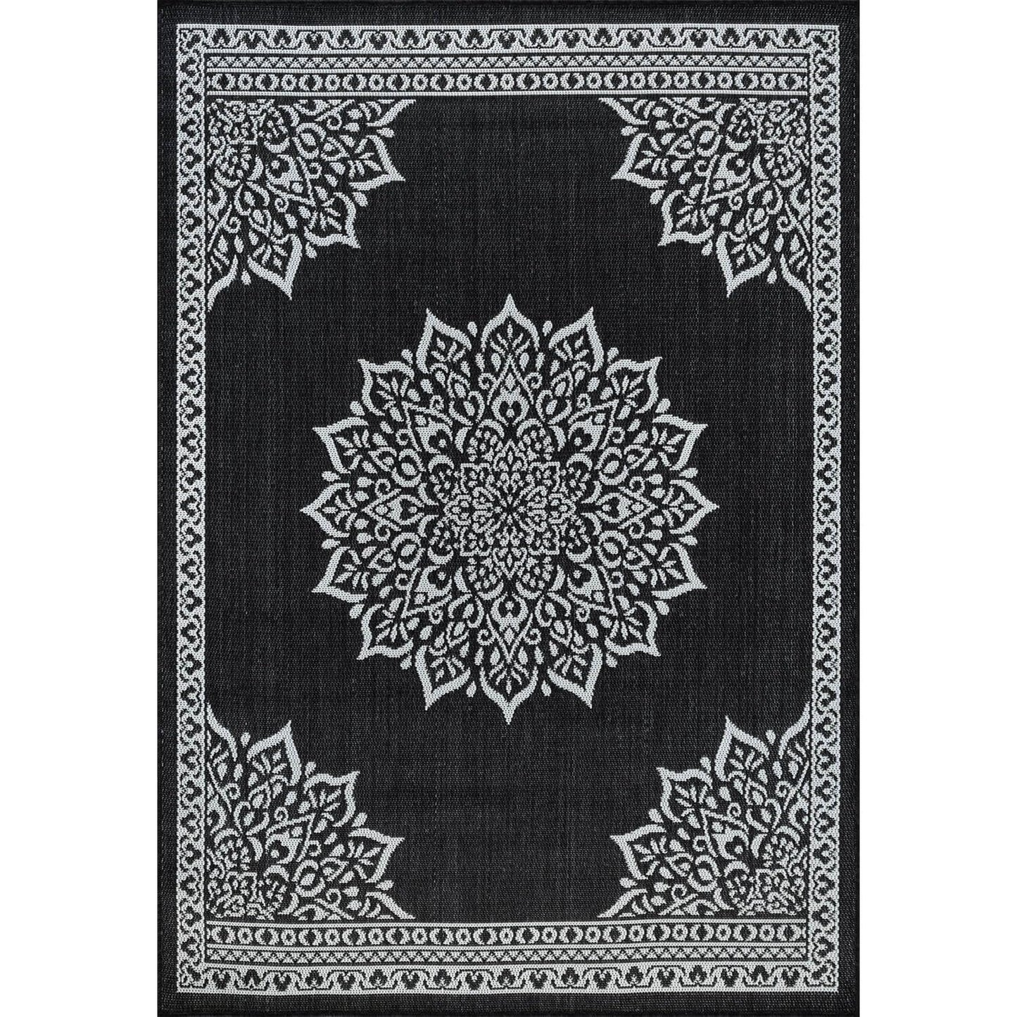 CAMILSON Outdoor Rug, 5x7 Medallion Black White Modern Area Rugs for Indoor and Outdoor Patios, Kitchen and Hallway Mats, Washable Porch Deck Outside Carpet (Medallion Black, 5 x 7)