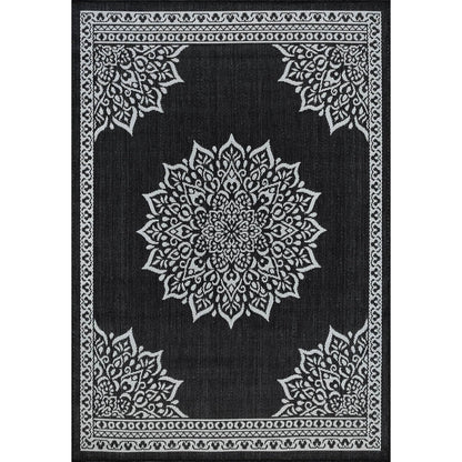 CAMILSON Outdoor Rug, 5x7 Medallion Black White Modern Area Rugs for Indoor and Outdoor Patios, Kitchen and Hallway Mats, Washable Porch Deck Outside Carpet (Medallion Black, 5 x 7)
