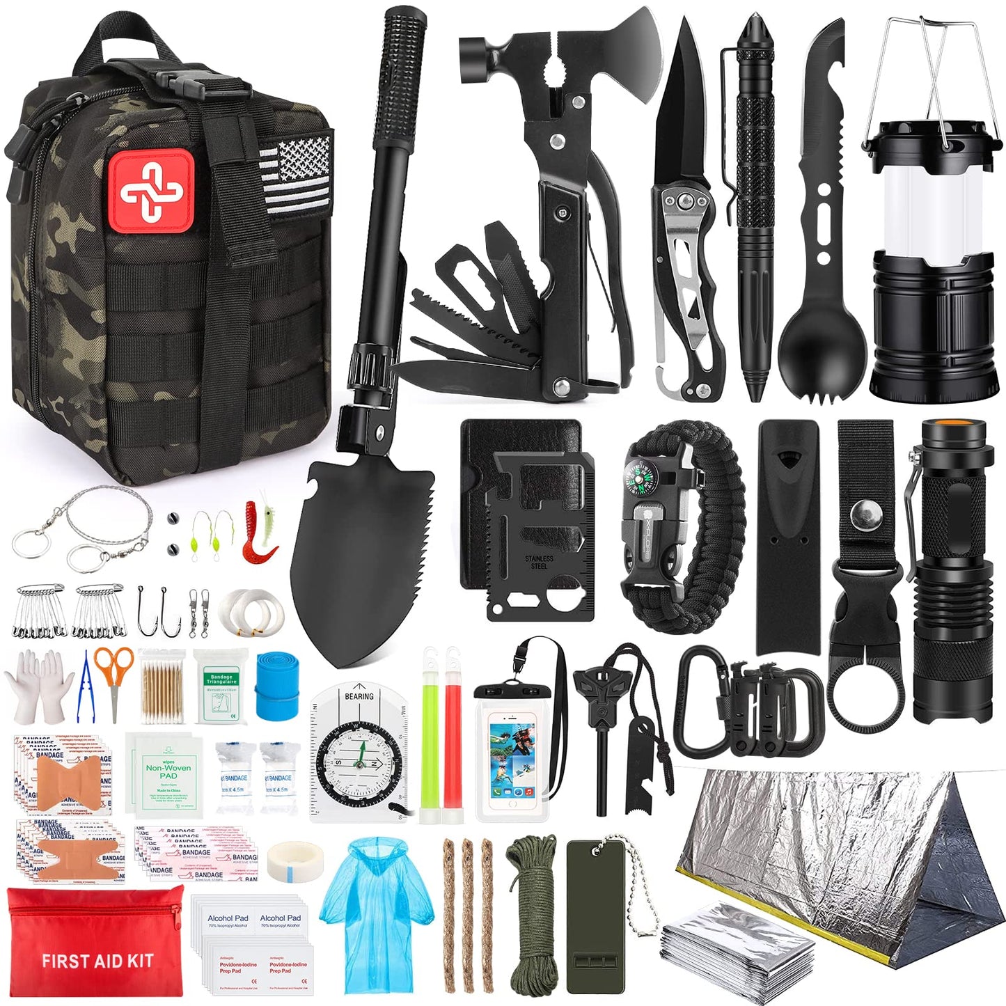 Survival Kit, 250Pcs Survival Gear First Aid Kit with Molle System Compatible Bag and Emergency Tent, Emergency Kit for Earthquake, Outdoor Adventure, Hiking, Hunting, Gifts for Men Women