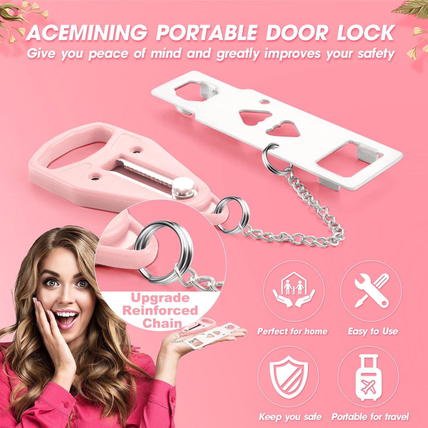 AceMining Portable Door Lock Home Security Door Locker Travel Lockdown Locks for Additional Safety and Privacy Perfect for Traveling Hotel Home Apartment College-Pink(1 Pack)