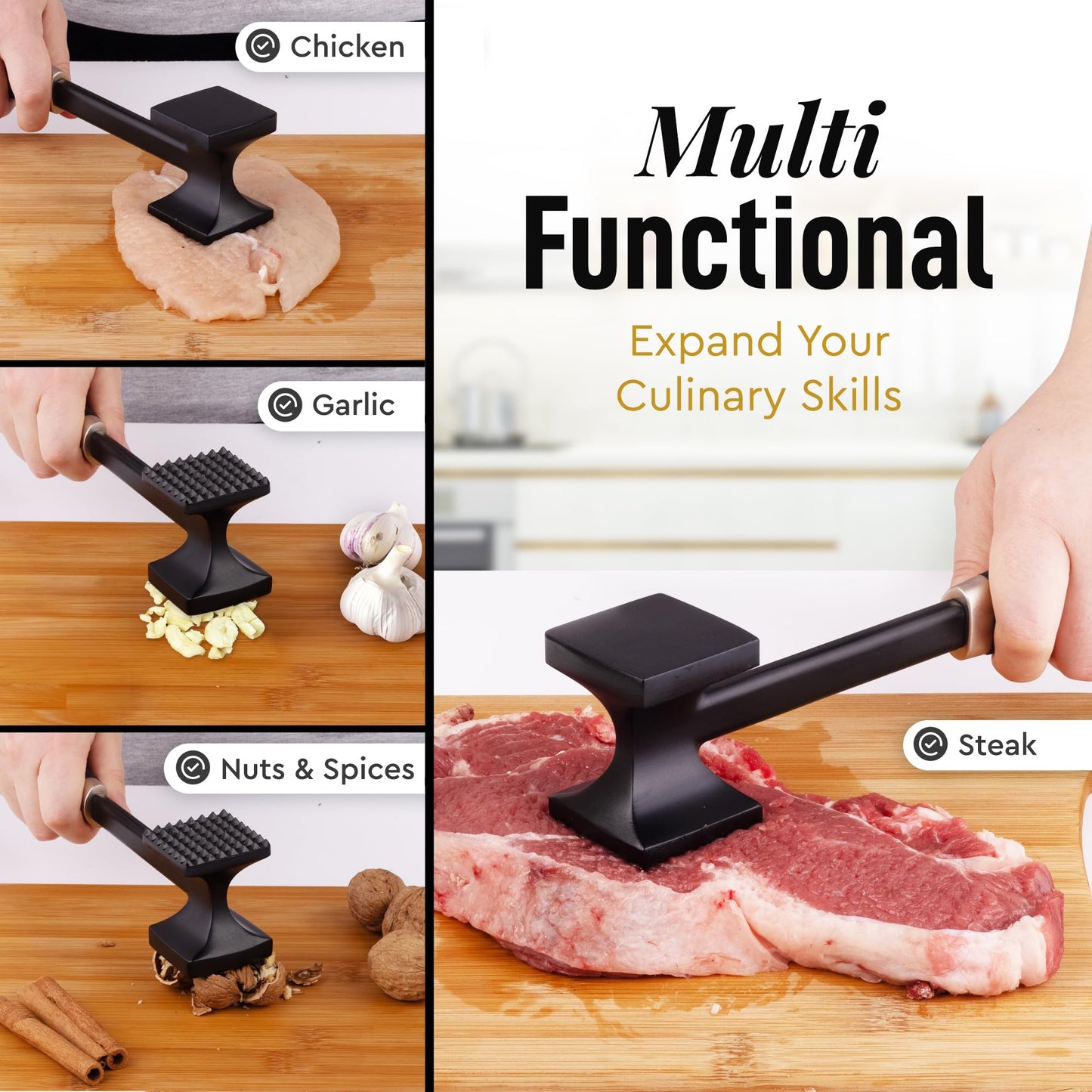 Zulay 10" Meat Tenderizer Hammer – Heavy-Duty Dual-Sided Mallet with Non-Slip Grip – Metal Meat Pounder for Tenderizing Beef, Chicken, Pork & More – Kitchen Tool for Cooking & BBQ - Black