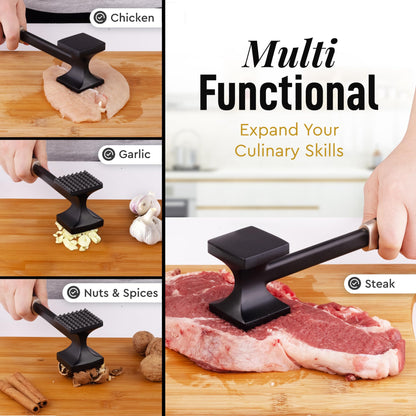 Zulay 10" Meat Tenderizer Hammer – Heavy-Duty Dual-Sided Mallet with Non-Slip Grip – Metal Meat Pounder for Tenderizing Beef, Chicken, Pork & More – Kitchen Tool for Cooking & BBQ - Black