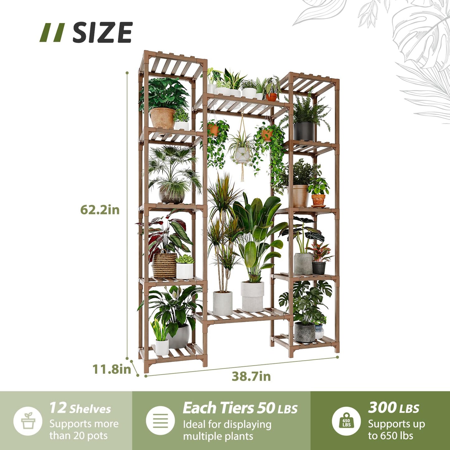 GENTINGBRO Large Plant Stand Indoor Outdoor 62.2“ Tall Plant Shelf Large Tiered Flower Stands for Multiple Display Wood Hanging Planter Holder for Living Room Garden Balcony Patio Decor