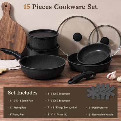 SODAY 15Pcs Pots and Pans Set Non Stick, Cookware Sets with Detachable Handle, Nonstick RV Kitchen Cooking Tools Removable Handles, Oven Safe, Induction Fast, Stackable Induction Cookware,Black