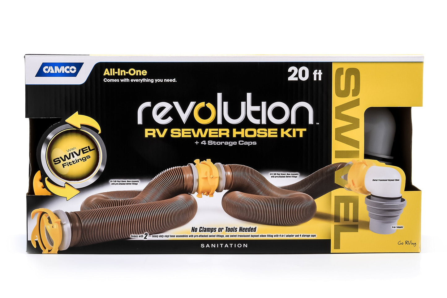 Camco Revolution Sewer Hose Kit with 360 Degree Swivel Fittings and 4-in-1 Elbow Adapter, Universal Fit, 20 Feet (39634)