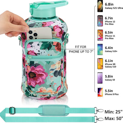 Fimibuke Half Gallon Water Bottle with Sleeve 64 OZ Water Bottle with Handle & Straw Leakproof Motivational Sports Gym Water Bottle with Time Marker Water Jug with Neoprene Holder - Floral Bloom