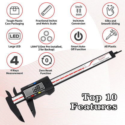 Digital Caliper, Esydon Upgraded Calipers 6 inch, Measuring Tool, Electronic Ruler, with Large LCD Screen, Auto-Off Feature, Inch and Millimeter Conversion, Plastic Case, Perfect for Household, DIY