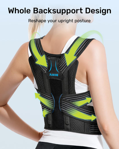 Rakiie Posture Corrector for Women and Men, Upgraded Back Brace with Enhanced Support, Shoulder Straightener with Cushioned Shoulder Pads & Underarm Pain Relief Strap, Size M (Underbust: 35.4"-41")